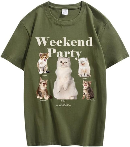 CORIRESHA Camiseta informal de manga corta con cuello redondo y estampado de gato lindo para adolescentes