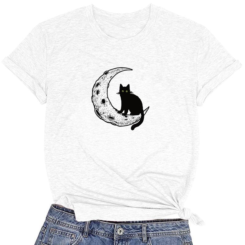 CORIRESHA Camiseta básica casual de manga corta con cuello redondo y gato negro luna para mujer