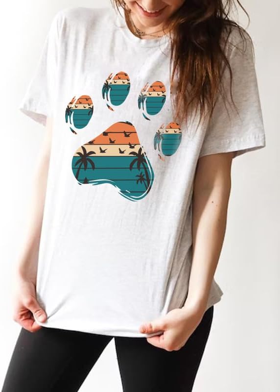 CORIRESHA Camisetas básicas informales de verano con estampado de huellas de perro y cuello redondo para mujer