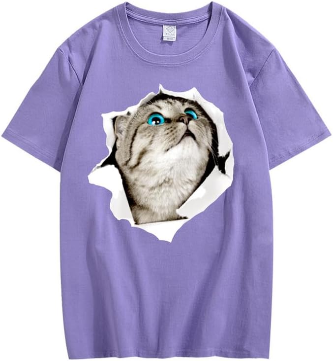 CORIRESHA Cat Lover Camiseta Cuello Redondo Manga Corta Suelta Algodón Suave Adolescente Lindo Top