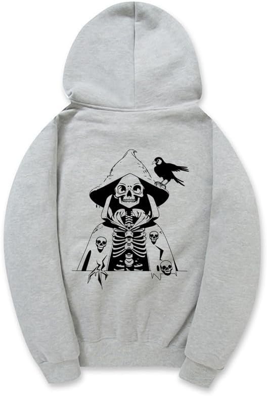 CORIRESHA Sudadera con capucha con estampado de calavera para mujer, manga larga, con cordón, informal, suave, unisex, para Halloween