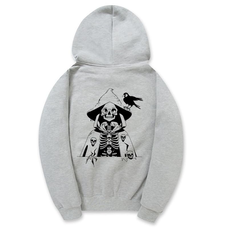 CORIRESHA Women's Skull Print Hoodie Long Sleeve Drawstring Casual Soft Unisex Halloween Sweatshirt