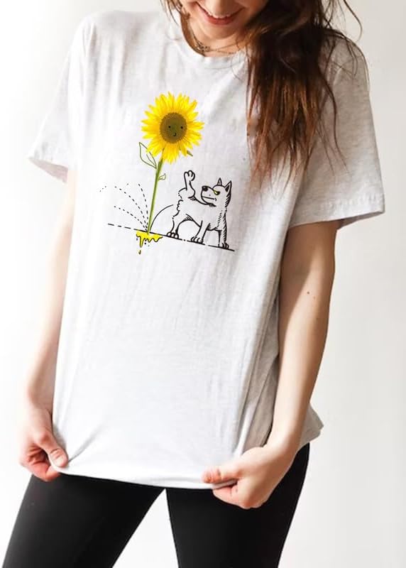 CORIRESHA Camiseta básica de manga corta con cuello redondo y estampado de girasol para mujer