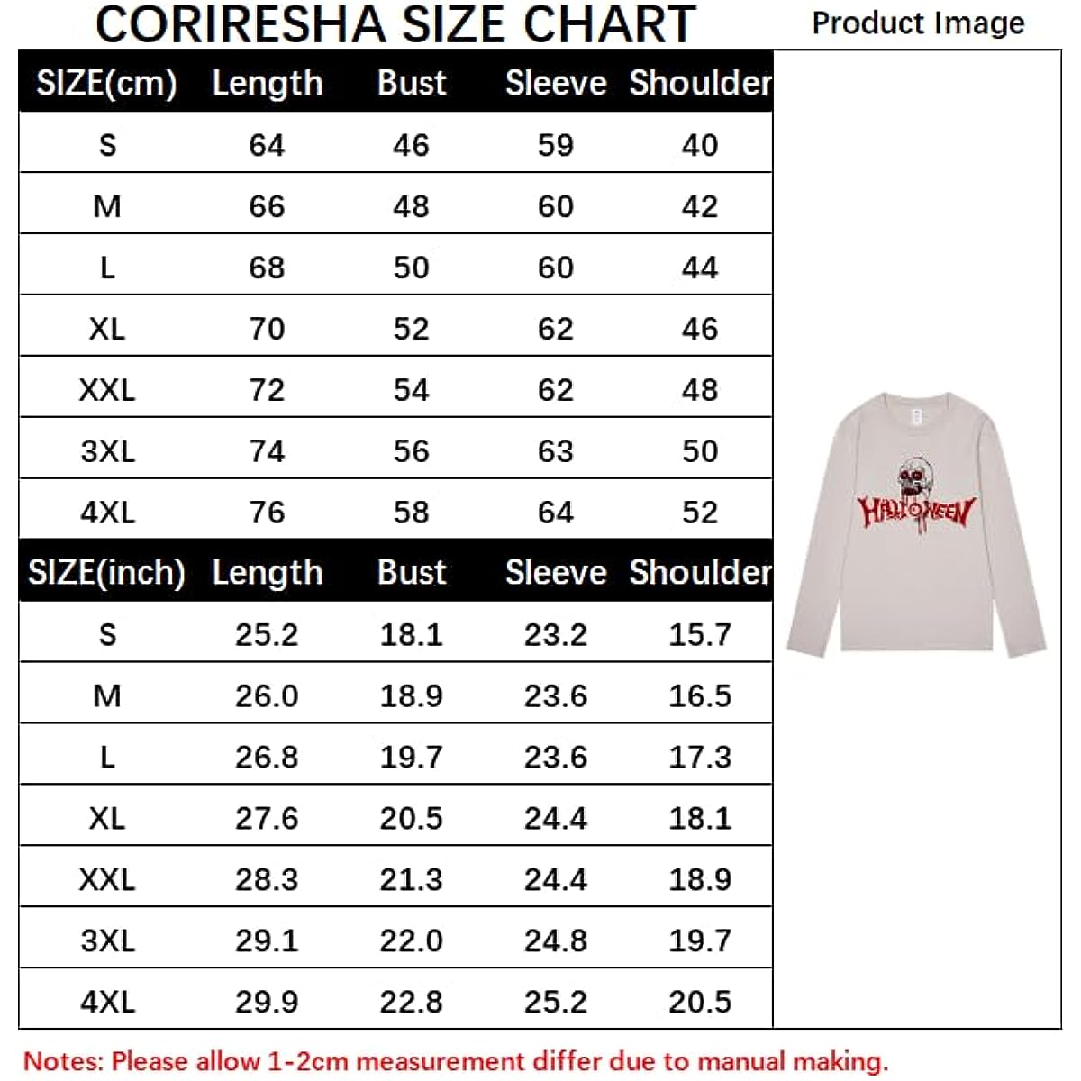 CORIRESHA Camiseta gótica de Halloween de manga larga con cuello redondo y estampado de calavera aterradora unisex