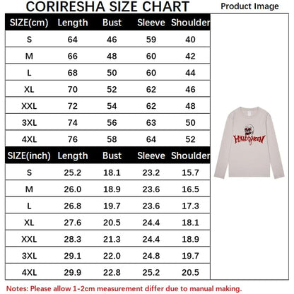 CORIRESHA Camiseta gótica de Halloween de manga larga con cuello redondo y estampado de calavera aterradora unisex