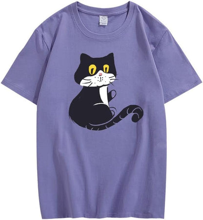 CORIRESHA Teen Cat T-Shirt Round Neck Short Sleeves Loose Soft Cozy Cute Tops