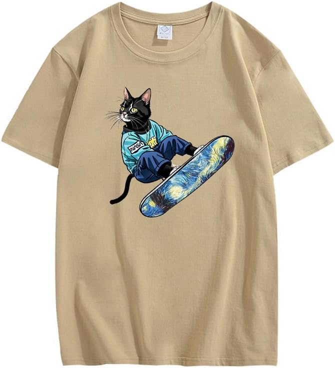 CORIRESHA Camiseta de algodón suelta de manga corta con cuello redondo y diseño de gato lindo para mujer