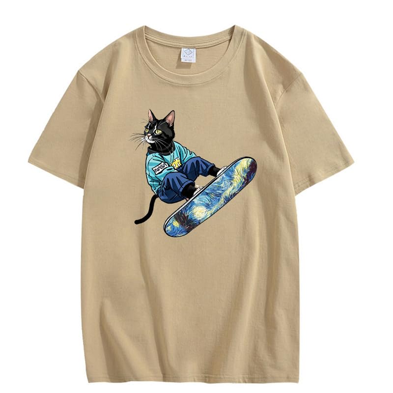 CORIRESHA Camiseta de algodón suelta de manga corta con cuello redondo y diseño de gato lindo para mujer
