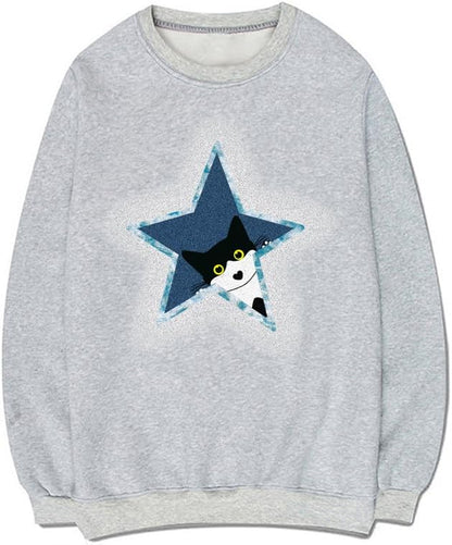 CORIRESHA Vintage Star Sweatshirt Crewneck Long Sleeve Drawstring Cotton Cat Pullover