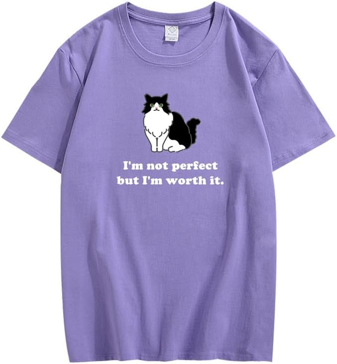 CORIRESHA Camiseta personalizada de algodón suelta casual de manga corta con cuello redondo de gato lindo para mujer