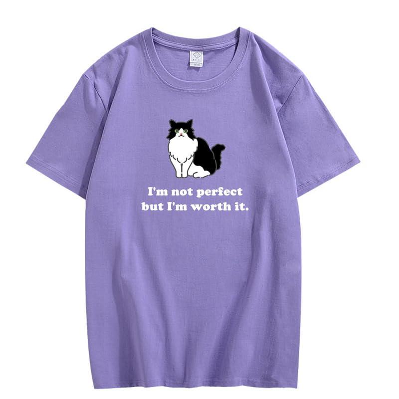 CORIRESHA Camiseta personalizada de algodón suelta casual de manga corta con cuello redondo de gato lindo para mujer