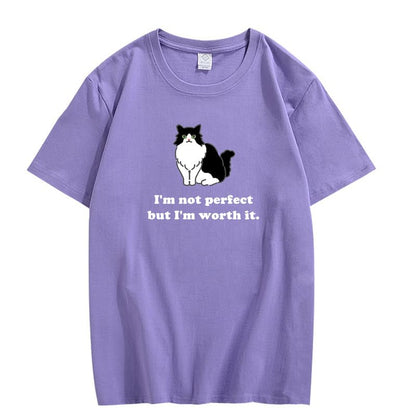 CORIRESHA Camiseta personalizada de algodón suelta casual de manga corta con cuello redondo de gato lindo para mujer