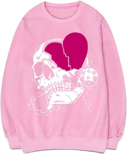 CORIRESHA Teen Casual Halloween Skull Crewneck Long Sleeve Cute Heart Sweatshirt