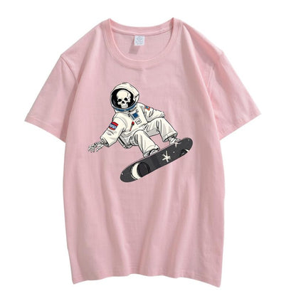 CORIRESHA Camiseta de astronauta con calavera para mujer, informal, cuello redondo, manga corta, para verano, skate