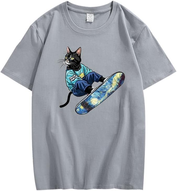 CORIRESHA Camiseta de algodón suelta de manga corta con cuello redondo y diseño de gato lindo para mujer