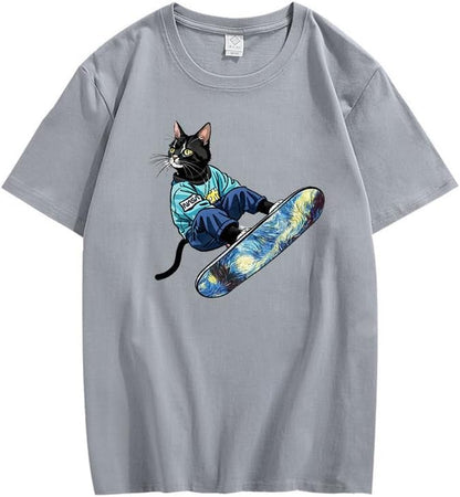 CORIRESHA Camiseta de algodón suelta de manga corta con cuello redondo y diseño de gato lindo para mujer