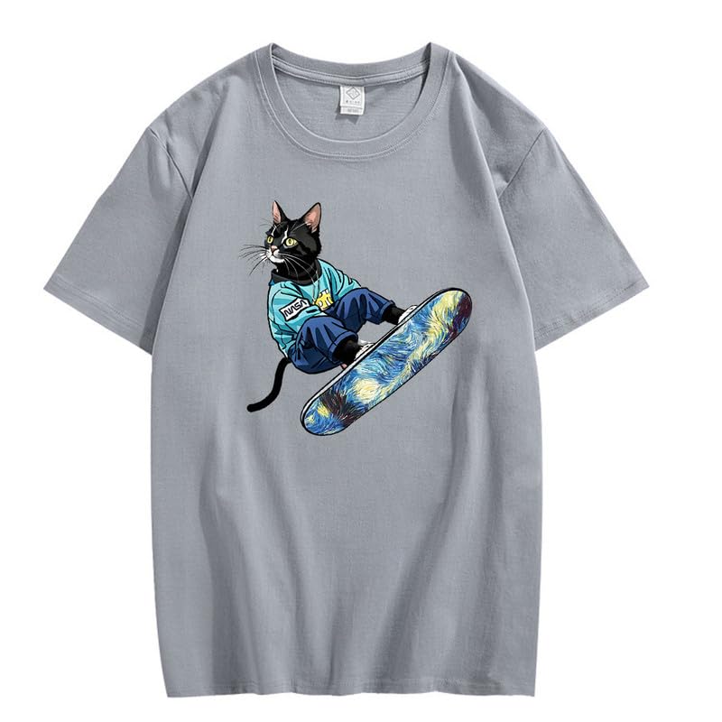 CORIRESHA Camiseta de algodón suelta de manga corta con cuello redondo y diseño de gato lindo para mujer
