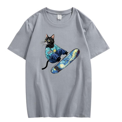 CORIRESHA Camiseta de algodón suelta de manga corta con cuello redondo y diseño de gato lindo para mujer