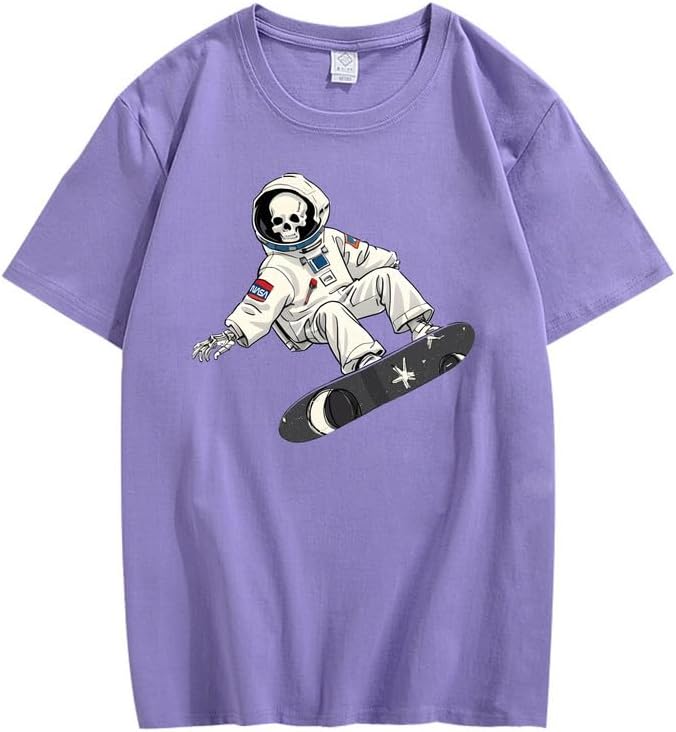 CORIRESHA Camiseta de astronauta con calavera para mujer, informal, cuello redondo, manga corta, para verano, skate