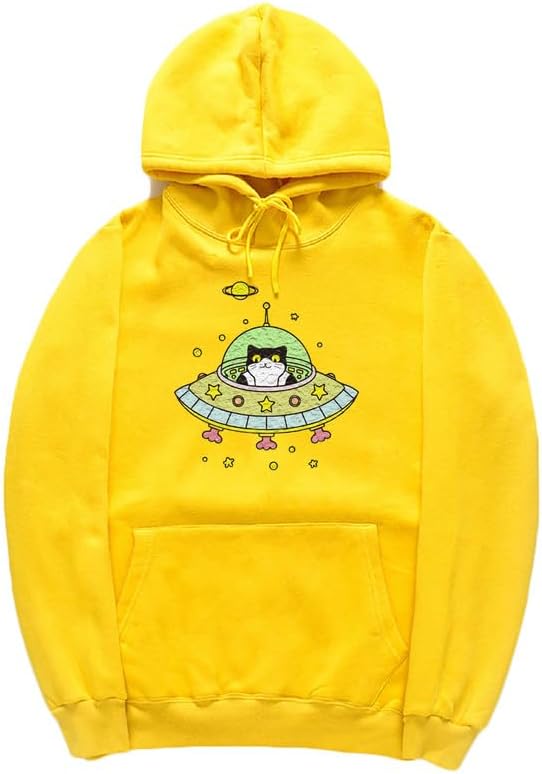 CORIRESHA Space Lover Hoodie Long Sleeve Drawstring Cute Cat Spaceship Sweatshirt