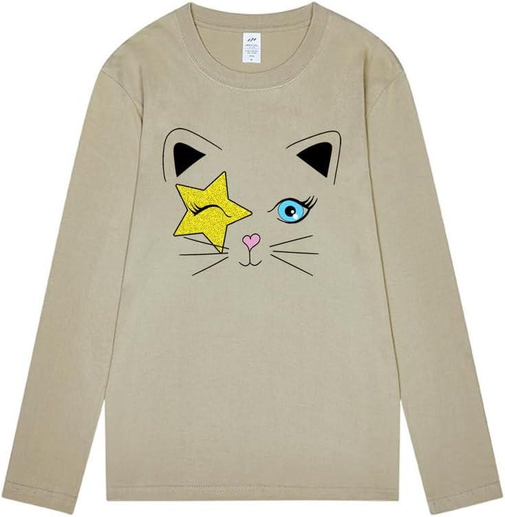 CORIRESHA Teen Y2k Star Graphic Crewneck Long Sleeve Cotton Cat Lover T-Shirt