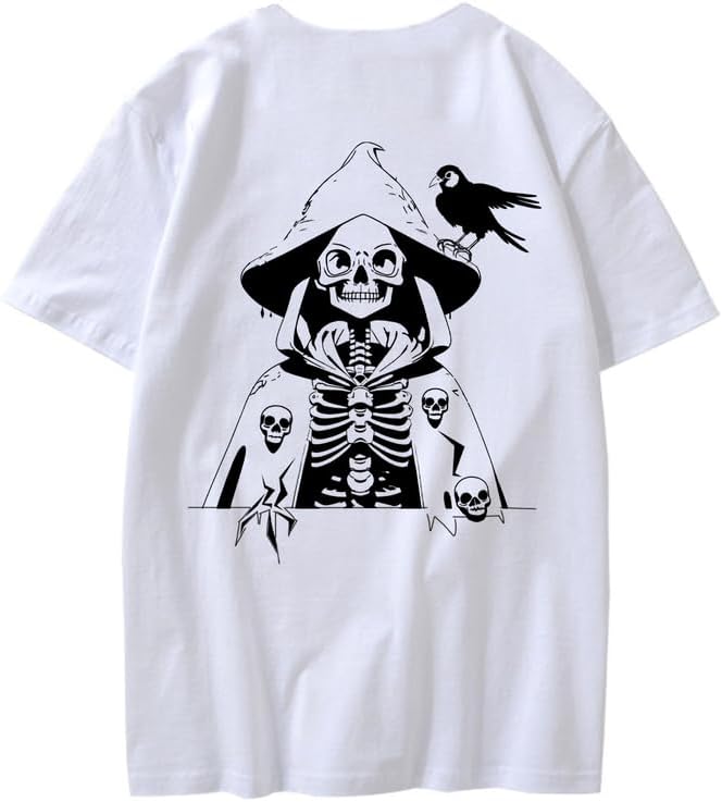 CORIRESHA Camiseta con estampado de calavera para adolescentes, cuello redondo, manga corta, informal, de algodón, disfraz de Halloween