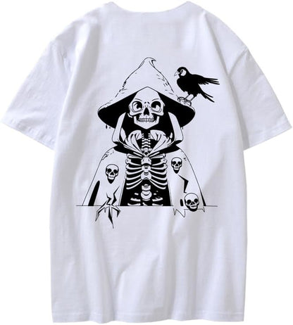 CORIRESHA Camiseta con estampado de calavera para adolescentes, cuello redondo, manga corta, informal, de algodón, disfraz de Halloween