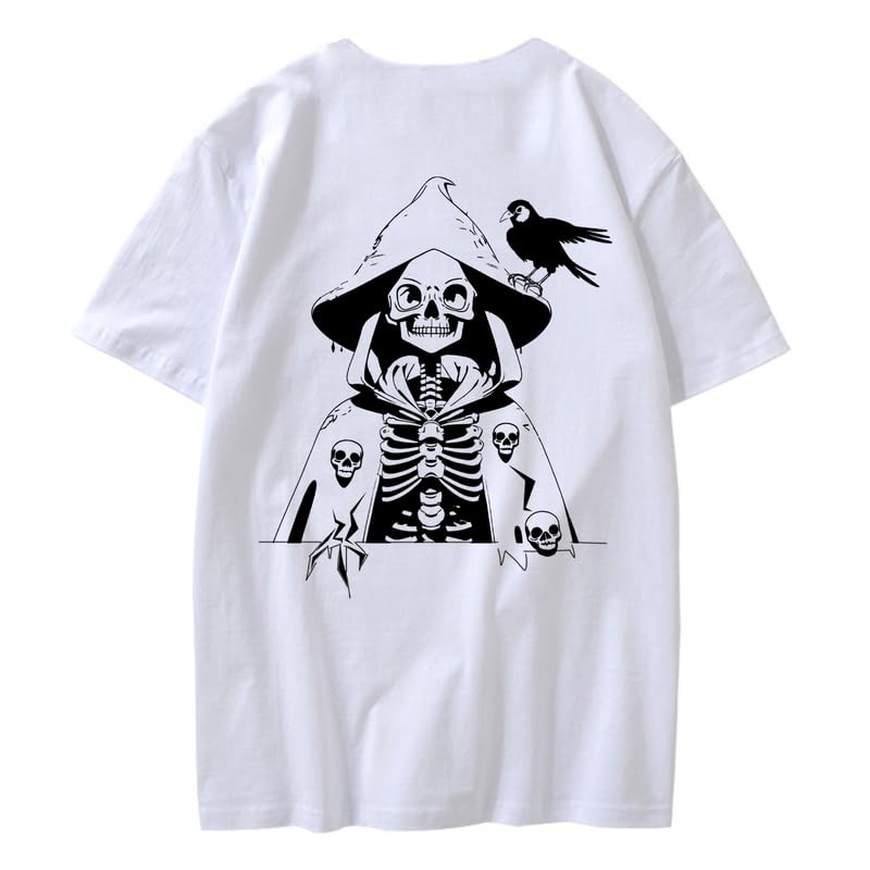 CORIRESHA Camiseta con estampado de calavera para adolescentes, cuello redondo, manga corta, informal, de algodón, disfraz de Halloween
