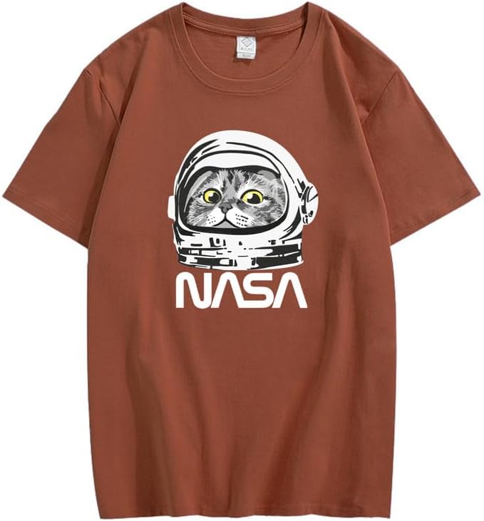 CORIRESHA Camiseta adolescente de la NASA cuello redondo manga corta lindo top para los amantes de los gatos