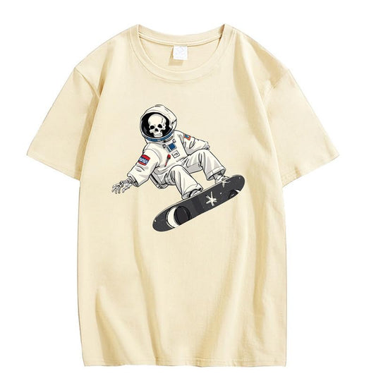 CORIRESHA Women's Skull Astronaut T-Shirt Casual Crewneck Short Sleeve Summer Skateboarding Top
