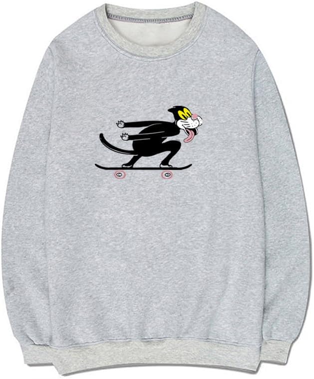 CORIRESHA Unisex Cute Cat Crewneck Long Sleeves Casual Cotton Skateboard Sweatshirts