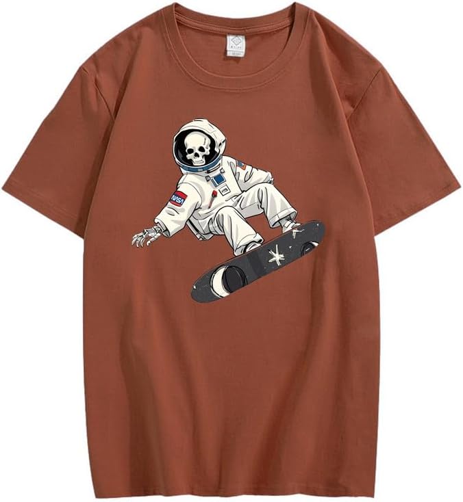 CORIRESHA Camiseta de astronauta con calavera para mujer, informal, cuello redondo, manga corta, para verano, skate