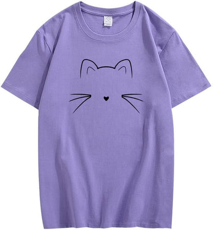 CORIRESHA Camiseta unisex con estampado de cara de gato, cuello redondo, manga corta, camisetas lindas de verano