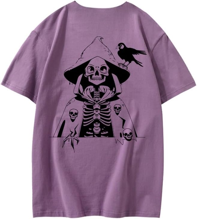 CORIRESHA Camiseta con estampado de calavera para adolescentes, cuello redondo, manga corta, informal, de algodón, disfraz de Halloween