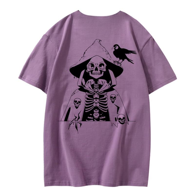 CORIRESHA Camiseta con estampado de calavera para adolescentes, cuello redondo, manga corta, informal, de algodón, disfraz de Halloween