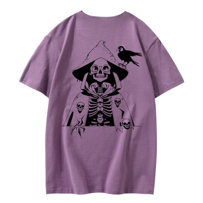 CORIRESHA Camiseta con estampado de calavera para adolescentes, cuello redondo, manga corta, informal, de algodón, disfraz de Halloween