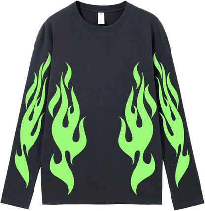 CORIRESHA Teen Fashion Flame Pattern Crewneck Long Sleeve Y2K Fall T-Shirt Top