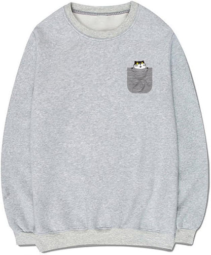 CORIRESHA Cute Pocket Cat Sweatshirt Crew Neck Long Sleeve Soft Cotton Pullover