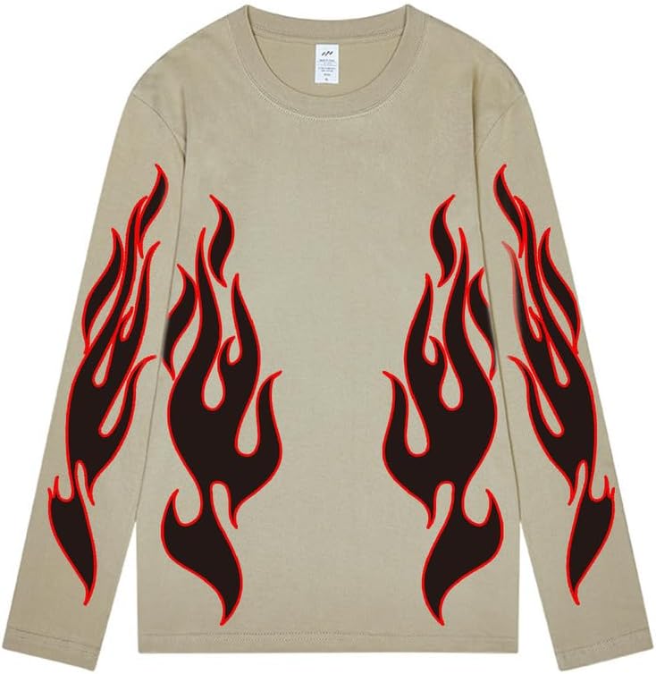 CORIRESHA Teen Fashion Flame Pattern Crewneck Long Sleeve Y2K Fall T-Shirt Top