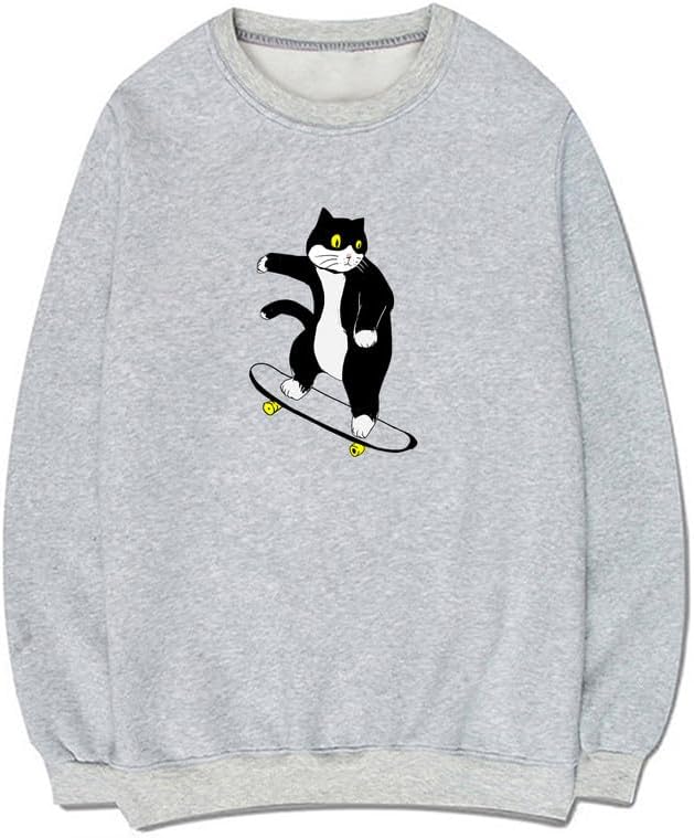 CORIRESHA Teen Cute Cat Skateboard Crew Neck Long Sleeve Soft Cotton Sweatshirt