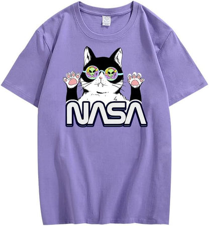 CORIRESHA Camiseta de la NASA para adolescente, informal, cuello redondo, manga corta, lindo gato