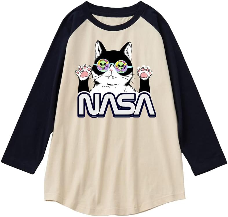 CORIRESHA Cat Lover Cute Top Mangas raglán Casual Color Block Unisex Camiseta de la NASA