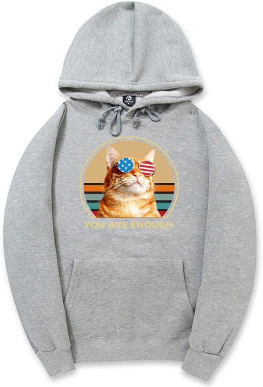 CORIRESHA You are Enough Teen Cute Hoodie Casual Long Sleeve Drawstring Cotton Cat Lovers Sweatshirts