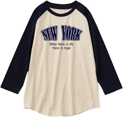 CORIRESHA Teen's 3/4 Raglan Sleeve Letter Print Casual Round Neck Color Block T-Shirt