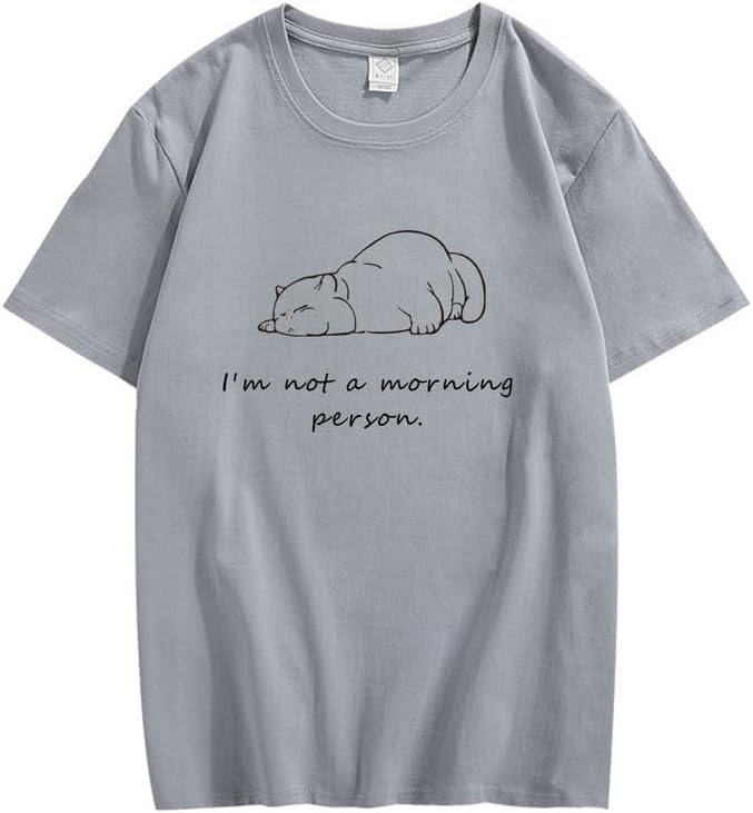 CORIRESHA Teen‘s Sleep Cat Crewneck Short Sleeve Casual Personalized Letter T-Shirt