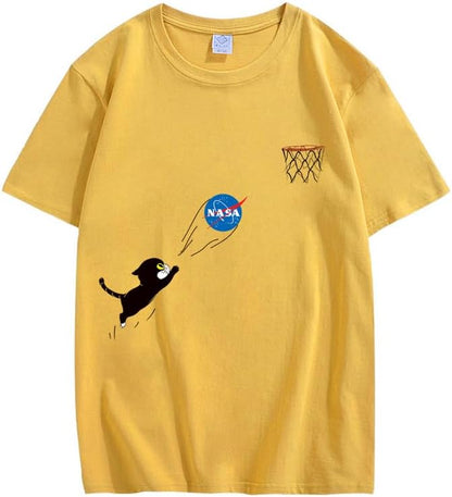 CORIRESHA Teen Cute Cat Crewneck Short Sleeve Summer Casual Basic NASA T-Shirt
