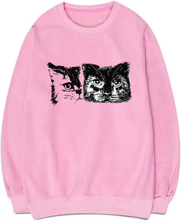 CORIRESHA Cute Cat Face Crew Neck Long Sleeve Cotton Basic Pullover Sweatshirt