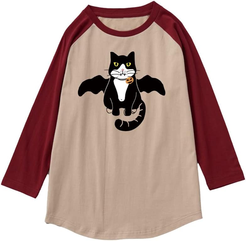 CORIRESHA - Camiseta juvenil con diseño de gato, manga raglán 3/4, divertido disfraz de Halloween