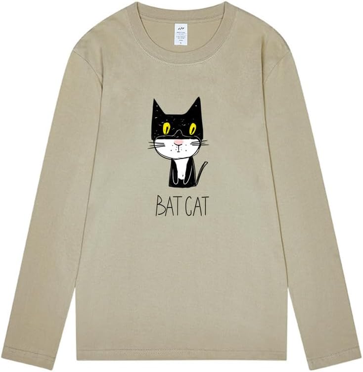 CORIRESHA Teen Funny Cat Bat Crew Neck Long Sleeves Casual Fall T-Shirt