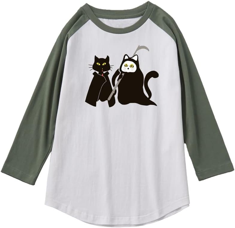 CORIRESHA Teen's Halloween Clothing Cute Ghost Cat Graphic Raglan Sleeve T-Shirt